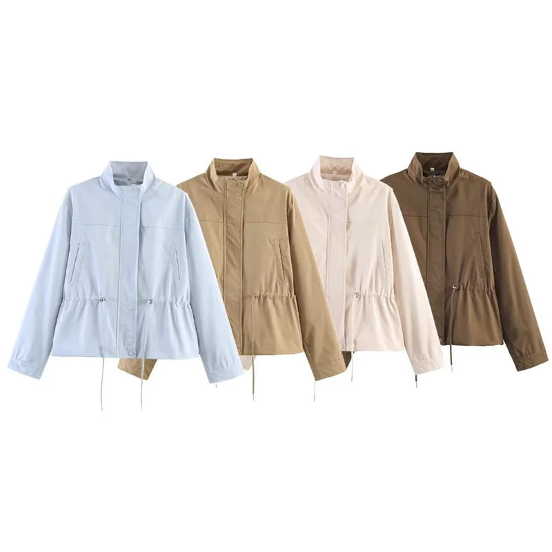 Women's Jacket 2026 New Fashion Long-Sleeve Drawstring Waist Stand-Collar Jacket Casual Chic Personality Autumn Ladies Coat