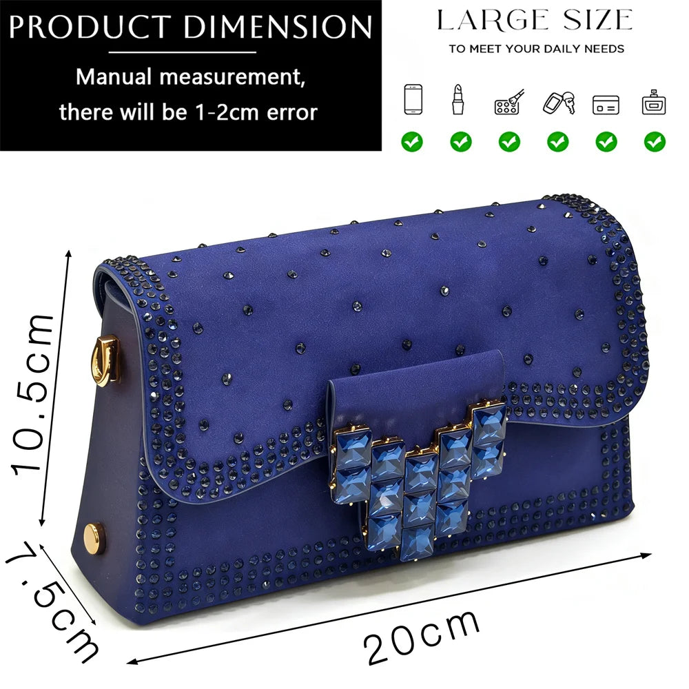 Women's Elegant Deep Navy Blue Stunning Rhinestones Pointed Toe Slingback Low Heels Sandals & Clutch Bag Set Wedding Party Shoes