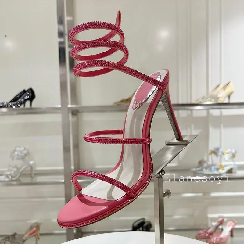 High Heels Gladiator Sandals Women Shiny Rhinestone Ankle Snake Shaped Winding Party Shoes Sexy Thin Heels Open Toe Sandalias