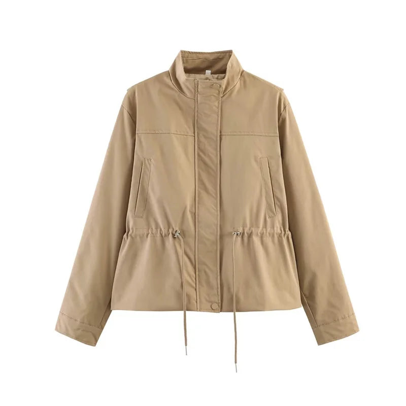 Women's Jacket 2026 New Fashion Long-Sleeve Drawstring Waist Stand-Collar Jacket Casual Chic Personality Autumn Ladies Coat