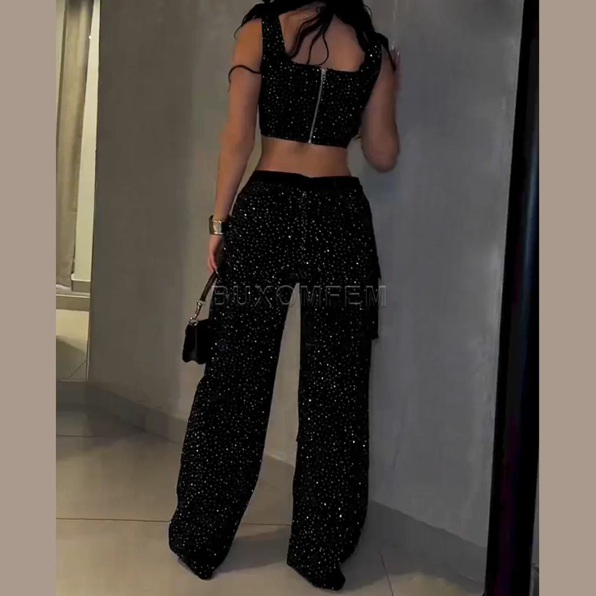 Ladies Diamond Strap Work Pants Set Fashion Push Up Trousers Women's Demin Jumpsuits Streetwear Outfits Evening Party Clothings