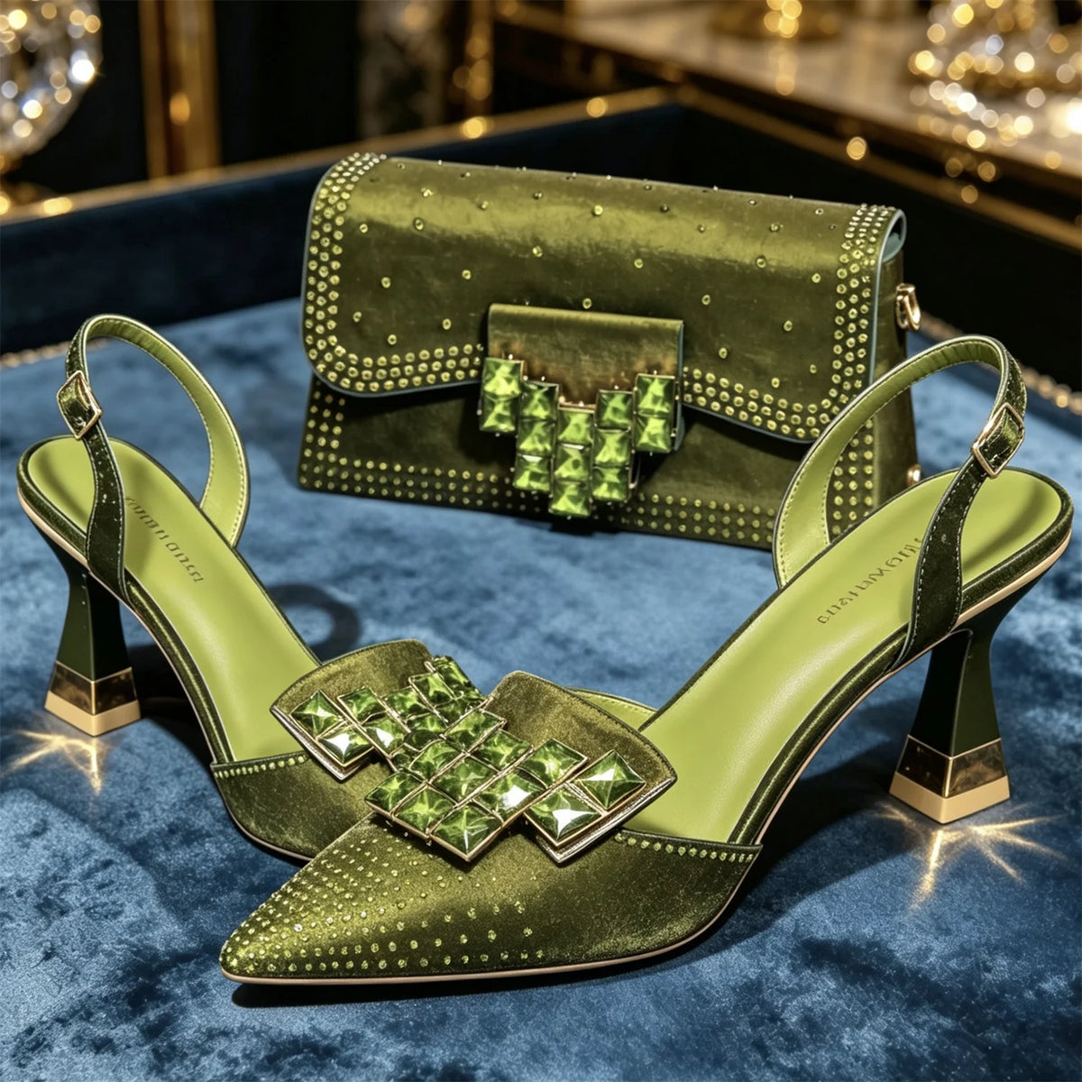 Women's Elegant Deep Navy Blue Stunning Rhinestones Pointed Toe Slingback Low Heels Sandals & Clutch Bag Set Wedding Party Shoes