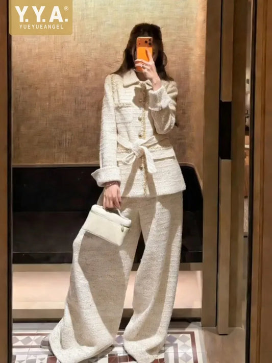 Korean Style Ladies Belt Tweed Single Breasted Long Sleeves Coat Wide Leg Pants Two Piece Set Work Women Straight Long Pant Sets