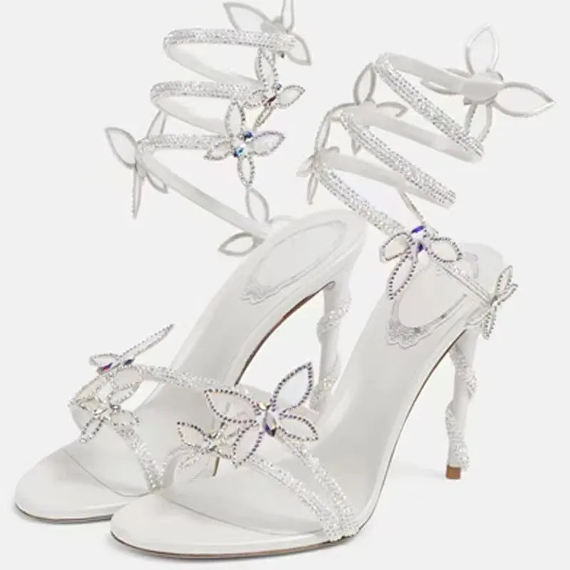 Eilyken Sexy Crystal Butterfly-knot Ankle Strap  Woman Sandals Fashion Open Toe Stiletto High Heels Banquet Party Pumps Shoes