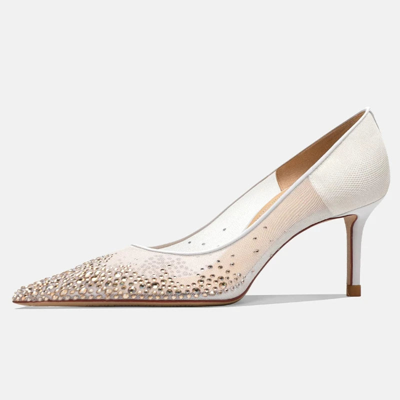 Yuejinlong Elegant Champagne Rhinestone Wedding Shoes Mesh Pointed Toe Stiletto High Heels Sexy Fairy Style Party Pumps 2026