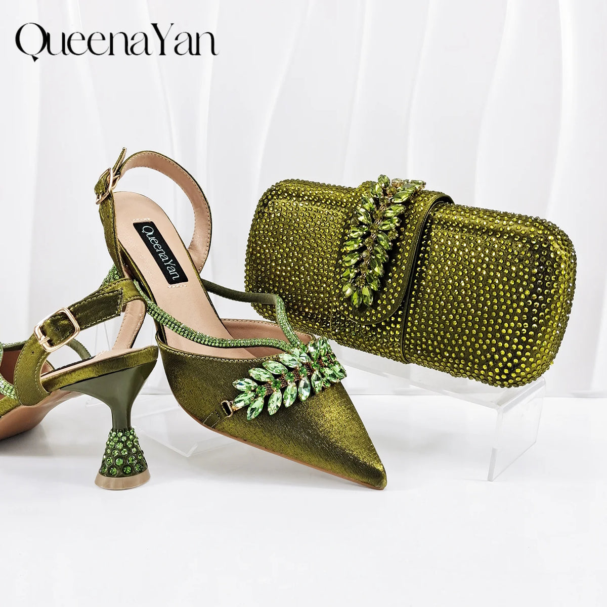 Queena Yan New Arrival Fashionable Olive Color Diamond Decorative Party Wedding Pointed Toe Women's High Heels and Bag Set