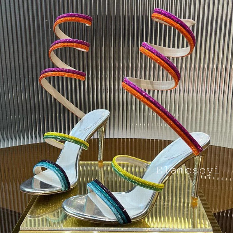High Heels Gladiator Sandals Women Shiny Rhinestone Ankle Snake Shaped Winding Party Shoes Sexy Thin Heels Open Toe Sandalias