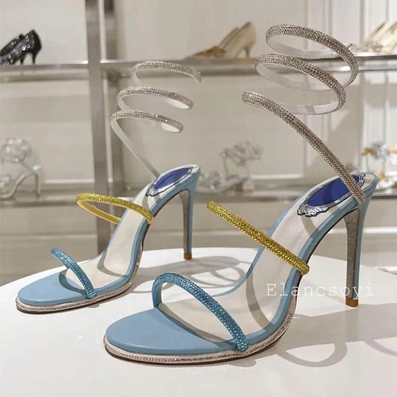 High Heels Gladiator Sandals Women Shiny Rhinestone Ankle Snake Shaped Winding Party Shoes Sexy Thin Heels Open Toe Sandalias
