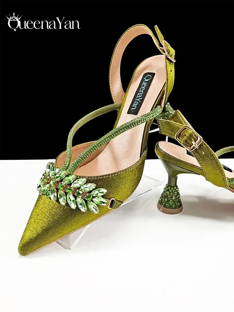 Queena Yan New Arrival Fashionable Olive Color Diamond Decorative Party Wedding Pointed Toe Women's High Heels and Bag Set