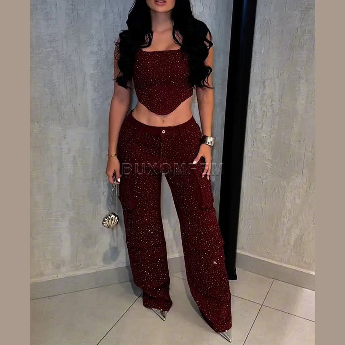 Ladies Diamond Strap Work Pants Set Fashion Push Up Trousers Women's Demin Jumpsuits Streetwear Outfits Evening Party Clothings