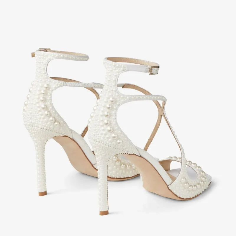 Square Headed Fish Mouth Sexy Pearl Strap Sandals New European  American Summer Women's Pearl Wedding Bride High Heels Shose 45