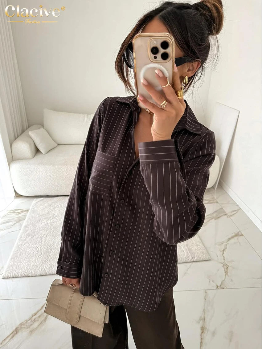 Clacive Fashion Loose Wine Red Stripe Print Women's Blouse Spring Lapel Long Sleeve Lady Shirt Elegant Classic Top Female Clothi