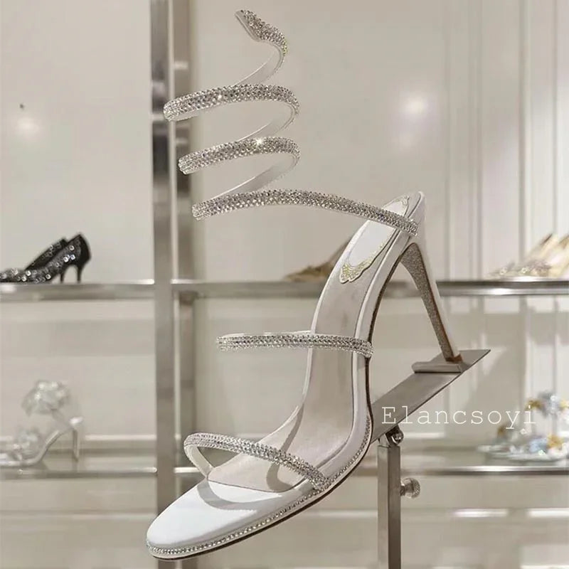 High Heels Gladiator Sandals Women Shiny Rhinestone Ankle Snake Shaped Winding Party Shoes Sexy Thin Heels Open Toe Sandalias