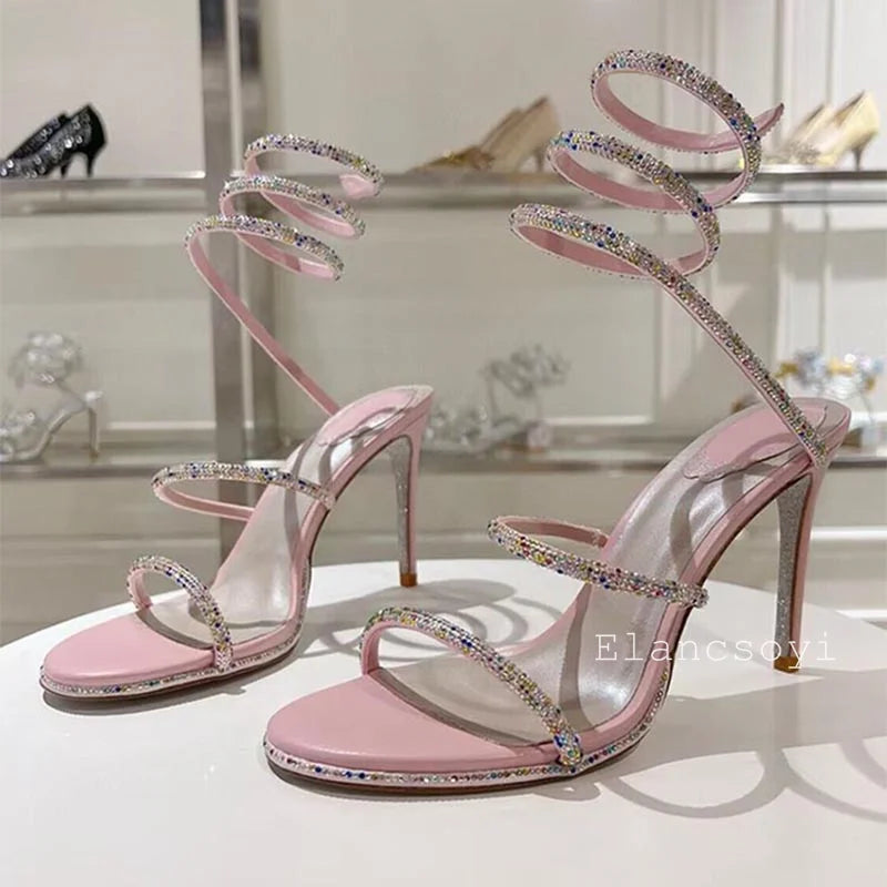 High Heels Gladiator Sandals Women Shiny Rhinestone Ankle Snake Shaped Winding Party Shoes Sexy Thin Heels Open Toe Sandalias