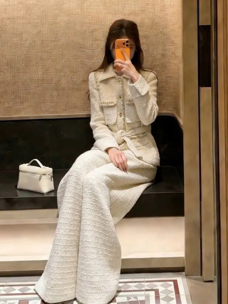 Korean Style Ladies Belt Tweed Single Breasted Long Sleeves Coat Wide Leg Pants Two Piece Set Work Women Straight Long Pant Sets