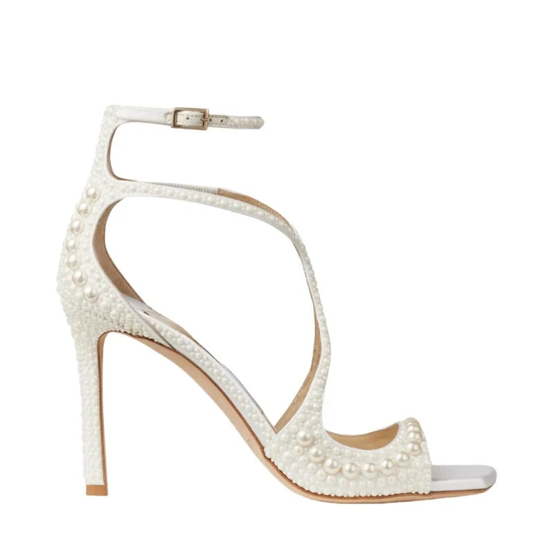 Square Headed Fish Mouth Sexy Pearl Strap Sandals New European  American Summer Women's Pearl Wedding Bride High Heels Shose 45