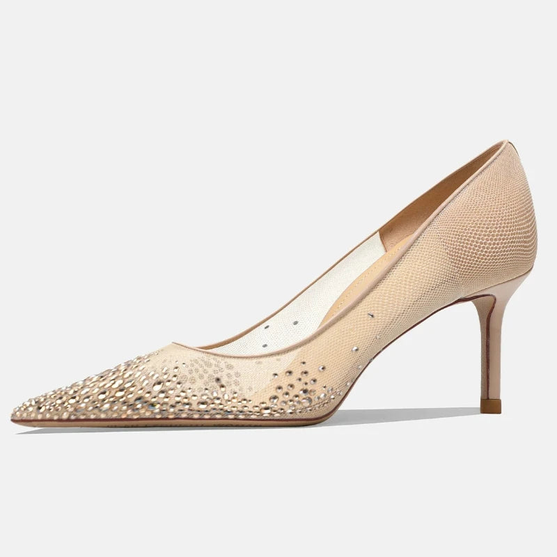 Yuejinlong Elegant Champagne Rhinestone Wedding Shoes Mesh Pointed Toe Stiletto High Heels Sexy Fairy Style Party Pumps 2026