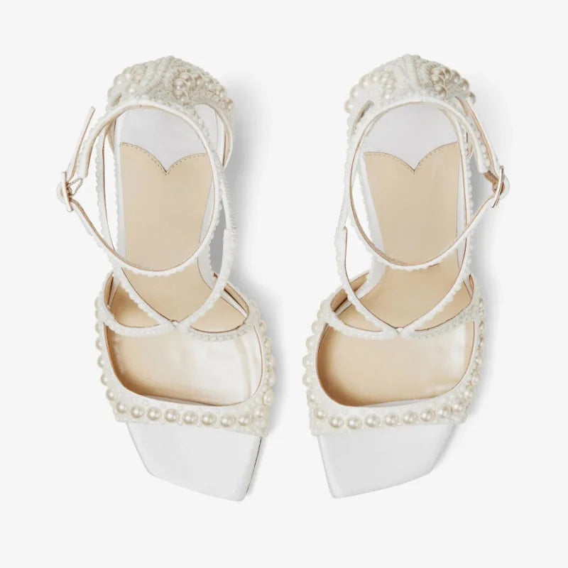 Square Headed Fish Mouth Sexy Pearl Strap Sandals New European  American Summer Women's Pearl Wedding Bride High Heels Shose 45