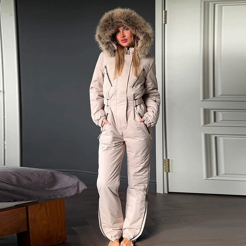 Solid Faux Fur Collar Skiing Jumpsuit Women's Full Sleeves Belted Zipper Pockets Rompers 2026 New Ladies Winter Fashion Snowsuit
