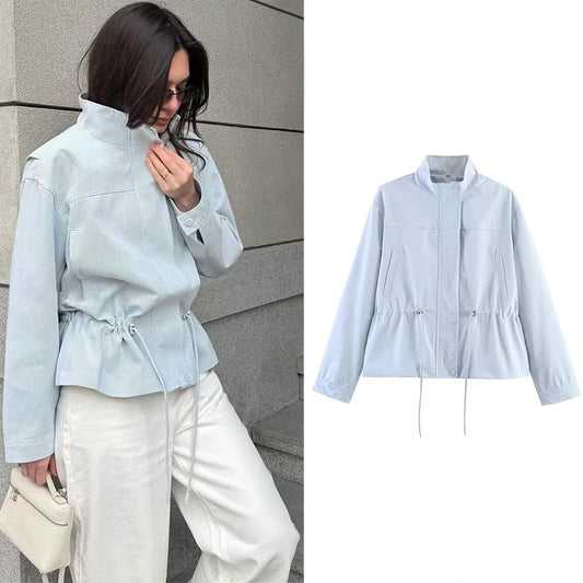 Women's Jacket 2026 New Fashion Long-Sleeve Drawstring Waist Stand-Collar Jacket Casual Chic Personality Autumn Ladies Coat