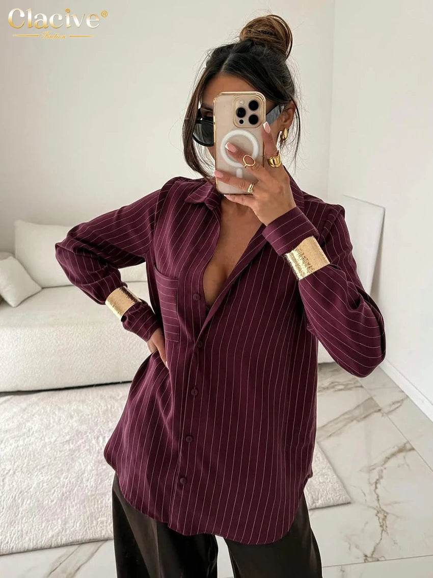 Clacive Fashion Loose Wine Red Stripe Print Women's Blouse Spring Lapel Long Sleeve Lady Shirt Elegant Classic Top Female Clothi