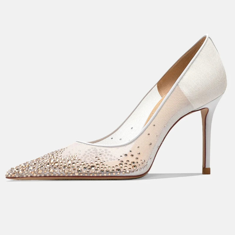 Yuejinlong Elegant Champagne Rhinestone Wedding Shoes Mesh Pointed Toe Stiletto High Heels Sexy Fairy Style Party Pumps 2026