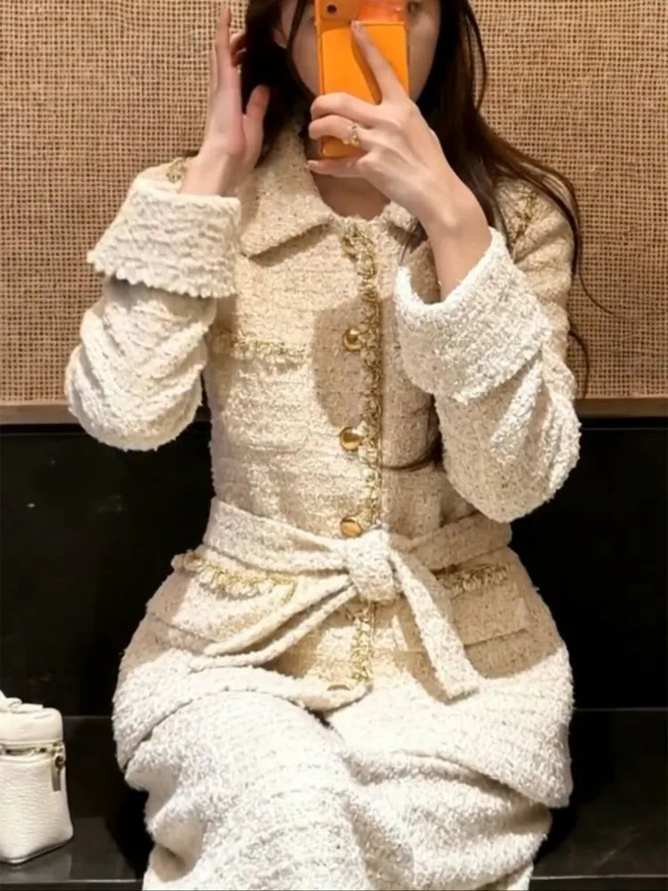 Korean Style Ladies Belt Tweed Single Breasted Long Sleeves Coat Wide Leg Pants Two Piece Set Work Women Straight Long Pant Sets