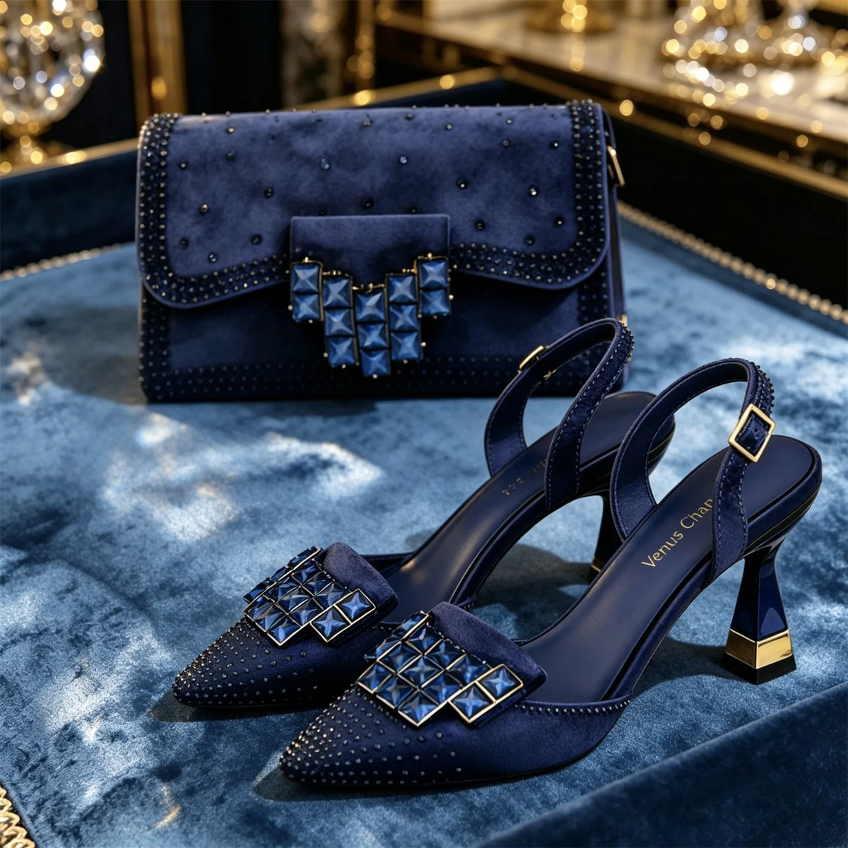 Women's Elegant Deep Navy Blue Stunning Rhinestones Pointed Toe Slingback Low Heels Sandals & Clutch Bag Set Wedding Party Shoes