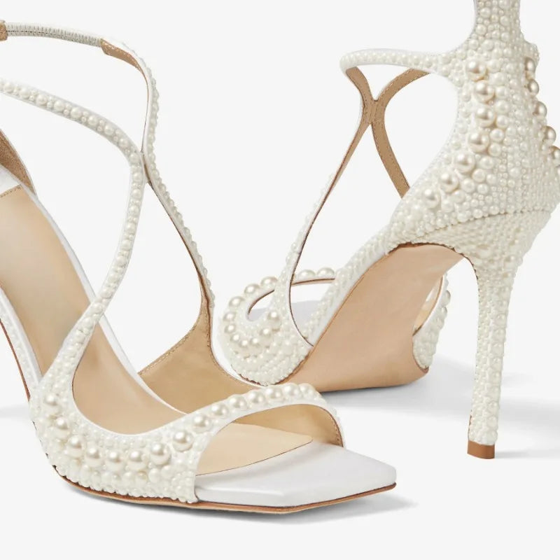 Square Headed Fish Mouth Sexy Pearl Strap Sandals New European  American Summer Women's Pearl Wedding Bride High Heels Shose 45