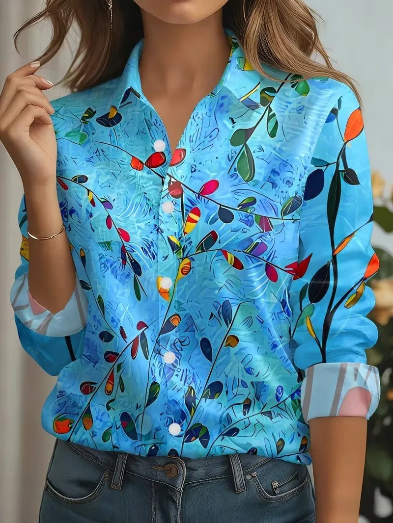 2026 Autumn New 3D Floral Print Blouse Ladies Long Sleeve Button Laple Loose Shirt Tops Casual Fashion Spring Women's Clothing
