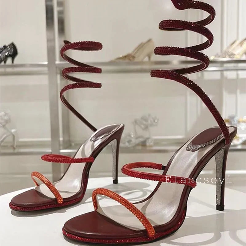 High Heels Gladiator Sandals Women Shiny Rhinestone Ankle Snake Shaped Winding Party Shoes Sexy Thin Heels Open Toe Sandalias