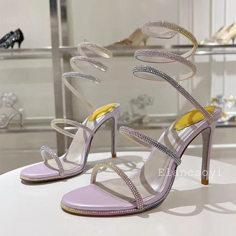 High Heels Gladiator Sandals Women Shiny Rhinestone Ankle Snake Shaped Winding Party Shoes Sexy Thin Heels Open Toe Sandalias