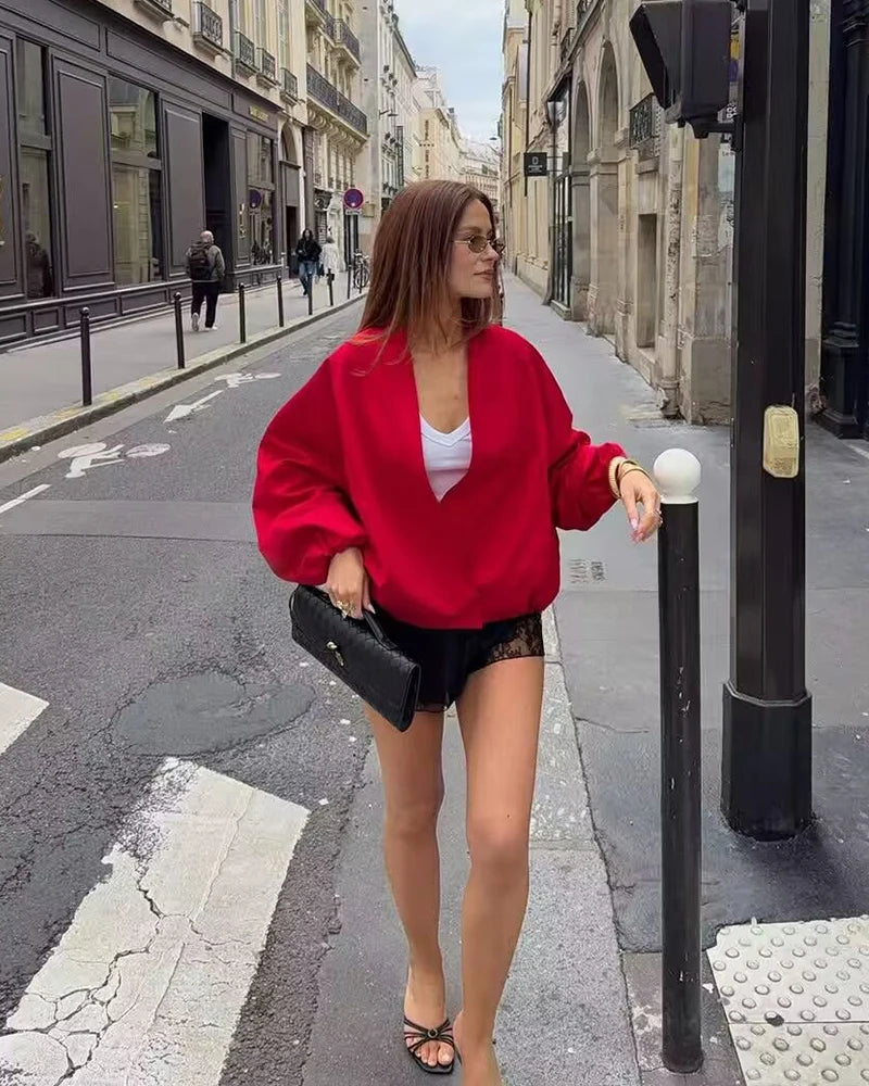 Women's Jacket 2026 New Fashion Red Pilot Jacket for Women Autumn Ladies Outerwear Casaul Chic Coat Loose Women Jacket