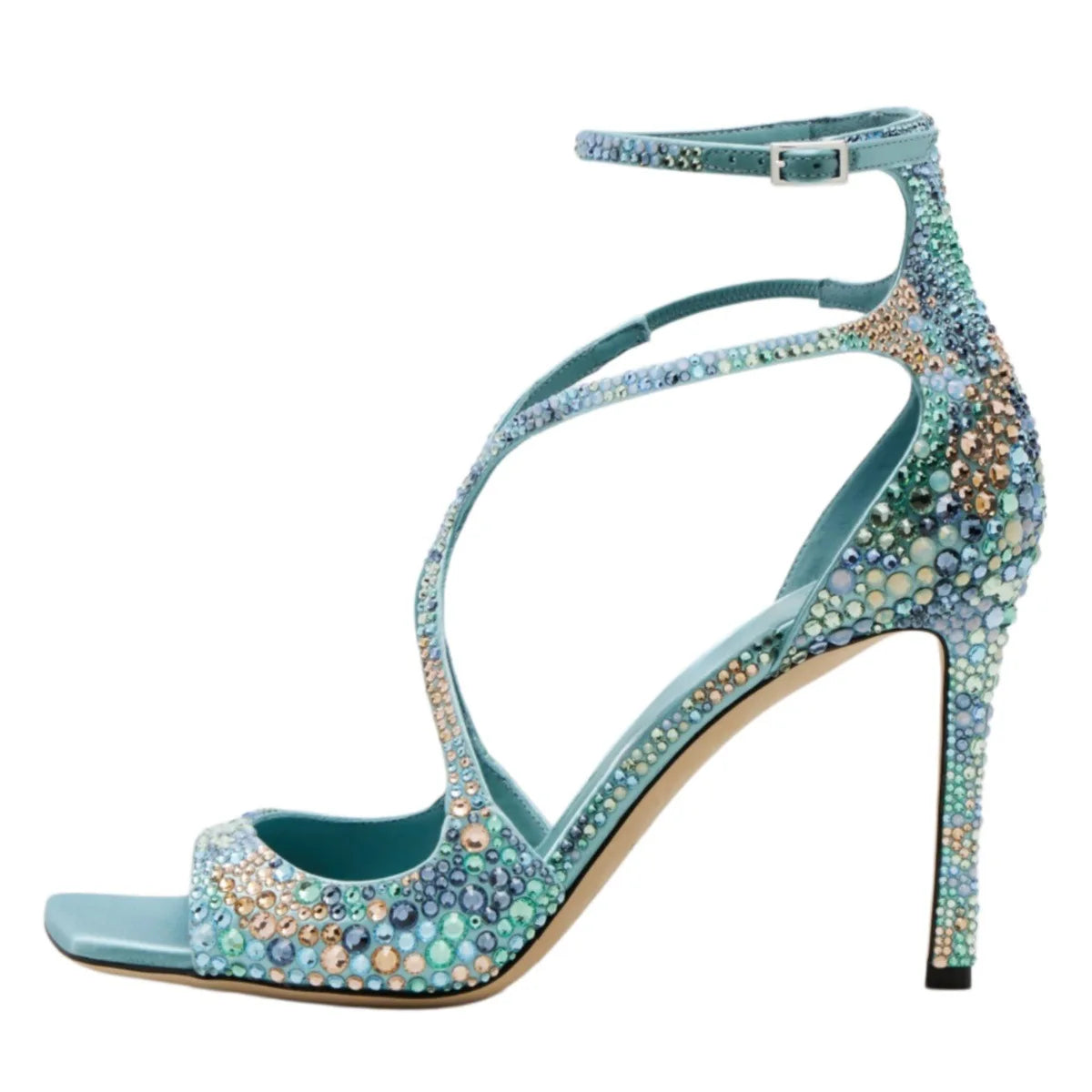 2026 Summer Women Luxury Bridal Rhinestone Stiletto Sandals Cutout Crisscross Straps Square Toe Ankle Buckle Heels