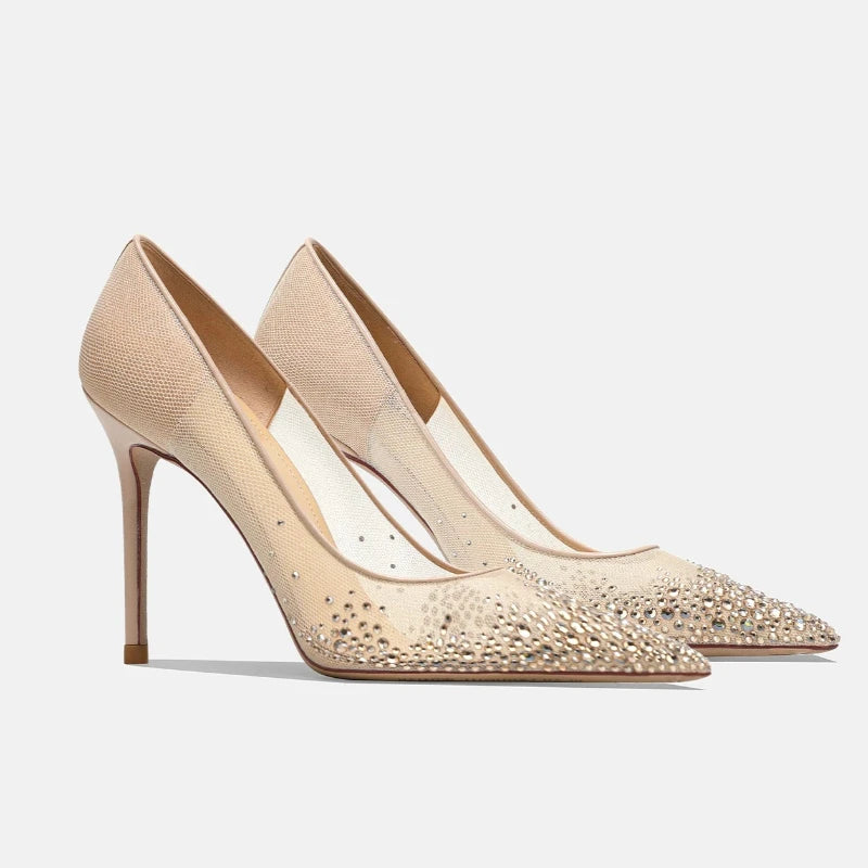 Yuejinlong Elegant Champagne Rhinestone Wedding Shoes Mesh Pointed Toe Stiletto High Heels Sexy Fairy Style Party Pumps 2026