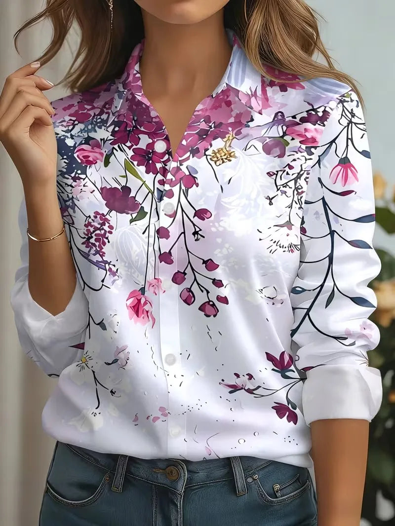 2026 Autumn New 3D Floral Print Blouse Ladies Long Sleeve Button Laple Loose Shirt Tops Casual Fashion Spring Women's Clothing