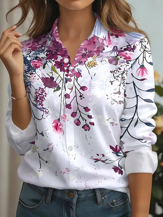 2026 Autumn New 3D Floral Print Blouse Ladies Long Sleeve Button Laple Loose Shirt Tops Casual Fashion Spring Women's Clothing