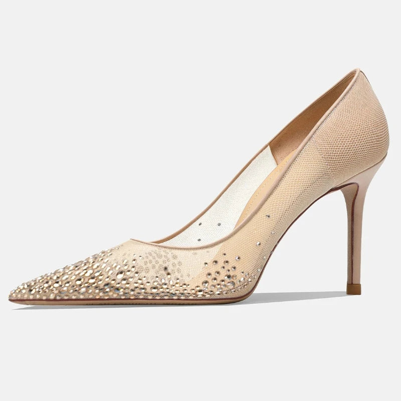 Yuejinlong Elegant Champagne Rhinestone Wedding Shoes Mesh Pointed Toe Stiletto High Heels Sexy Fairy Style Party Pumps 2026