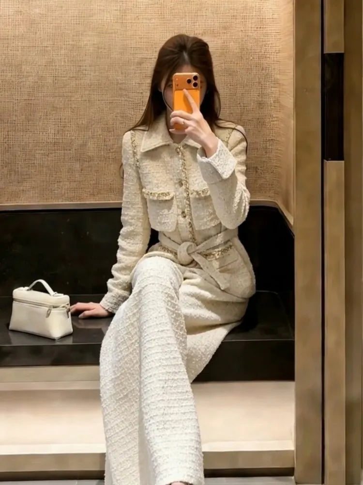 Korean Style Ladies Belt Tweed Single Breasted Long Sleeves Coat Wide Leg Pants Two Piece Set Work Women Straight Long Pant Sets