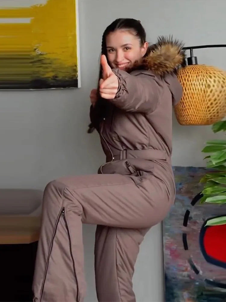 Solid Faux Fur Collar Skiing Jumpsuit Women's Full Sleeves Belted Zipper Pockets Rompers 2026 New Ladies Winter Fashion Snowsuit