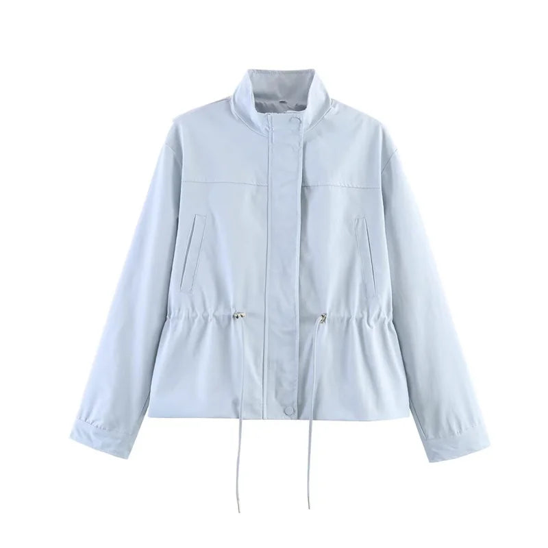 Women's Jacket 2026 New Fashion Long-Sleeve Drawstring Waist Stand-Collar Jacket Casual Chic Personality Autumn Ladies Coat