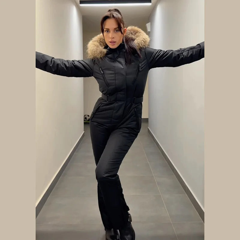 Solid Faux Fur Collar Skiing Jumpsuit Women's Full Sleeves Belted Zipper Pockets Rompers 2026 New Ladies Winter Fashion Snowsuit